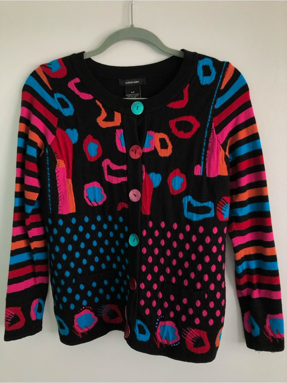 Y2K Abstract Art Teacher Mixed Print Button-Up Cardigan Sweater Size S - Picture 3 of 15
